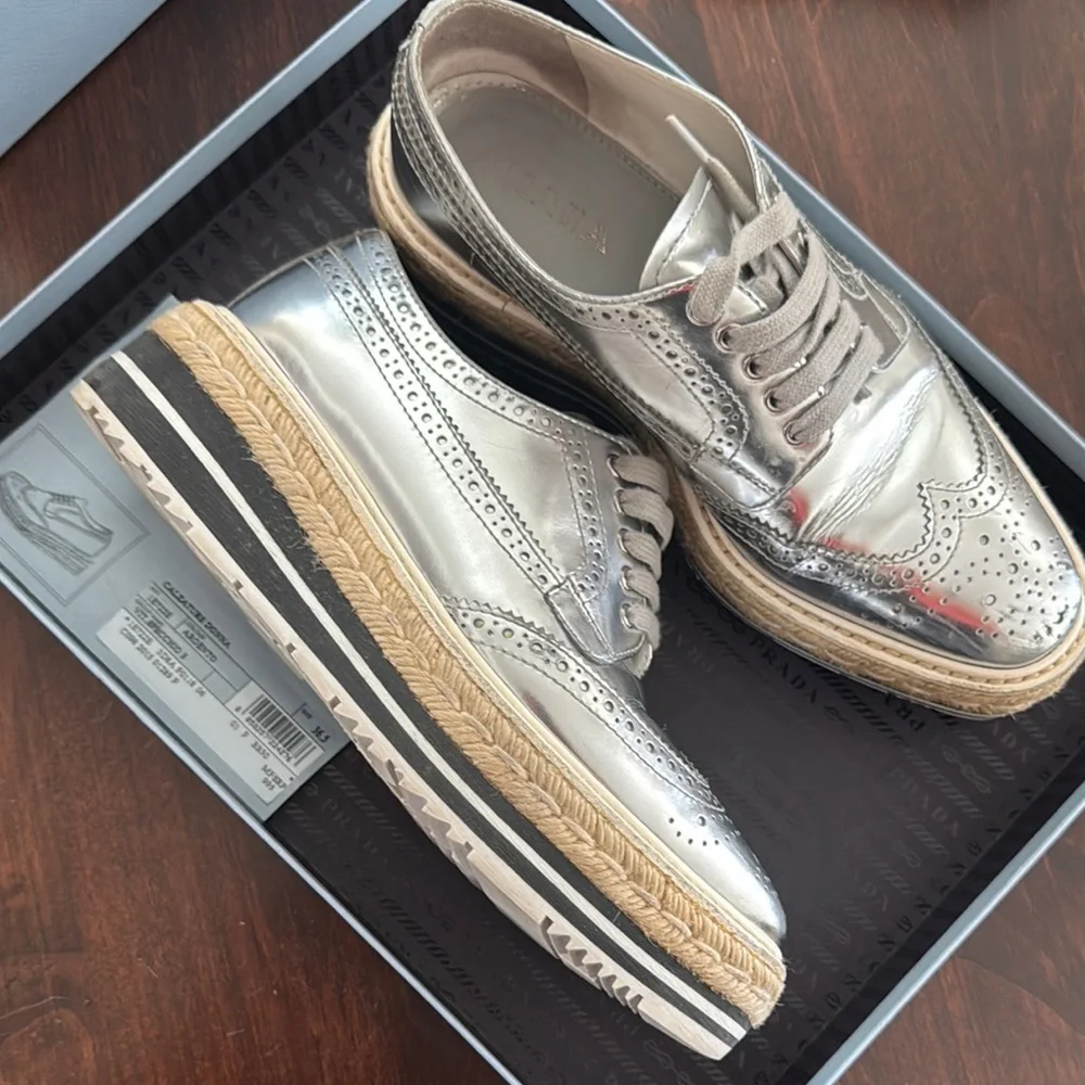 Prada Metallic Silver Espadrille Shoes